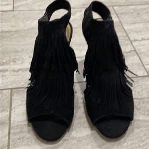 Black Leather Fringe block heel sandals ❤️